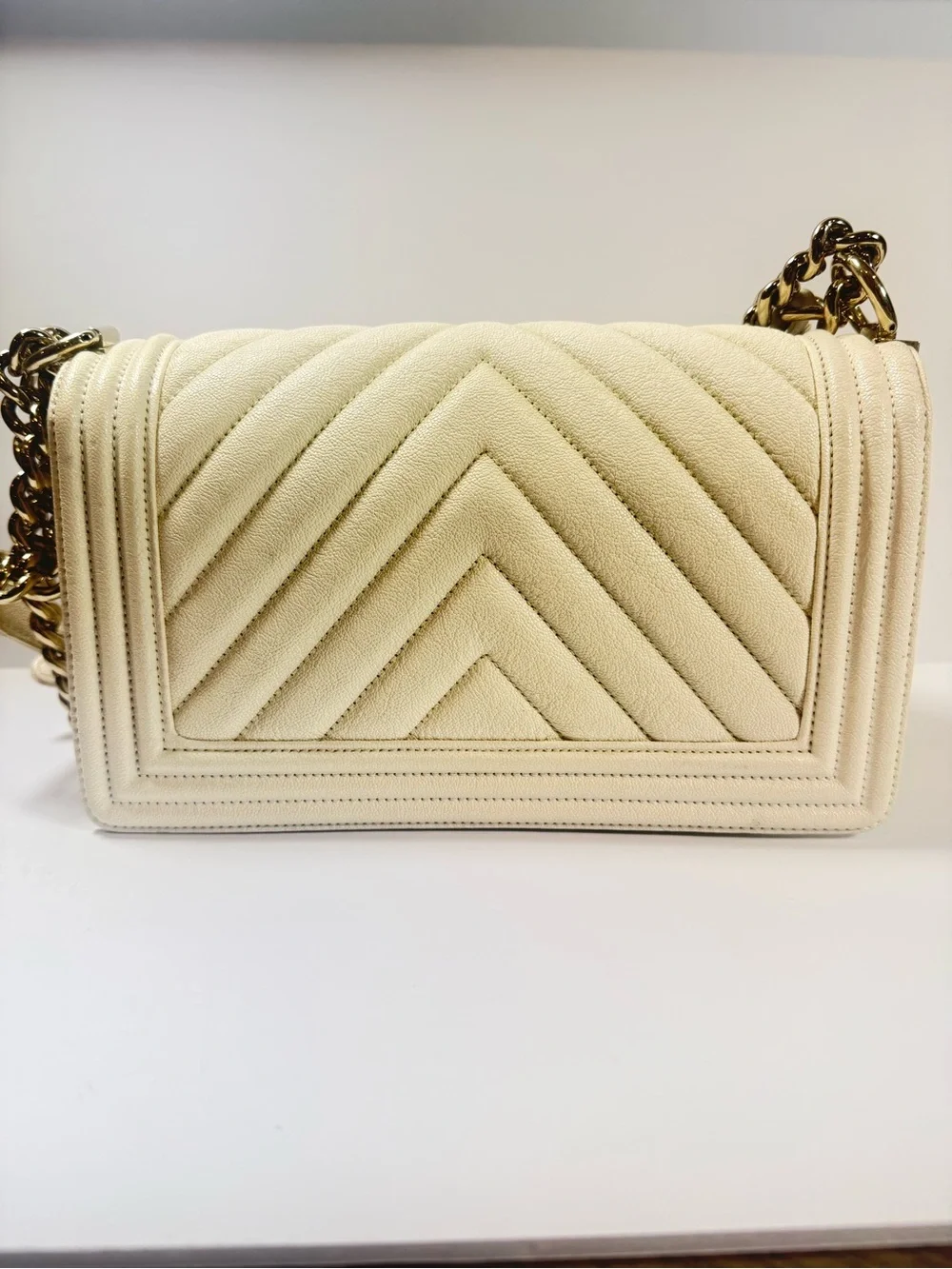 CHANEL MEDIUM cream Chevron Quilted Boy Crossbody with Gold Hardware in Caviar
